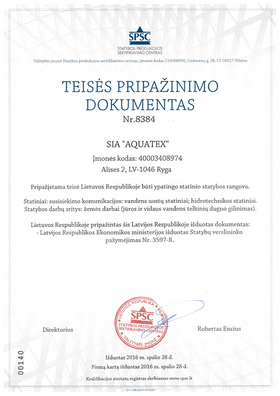 SIA "AQUATEX" Certificates and licences