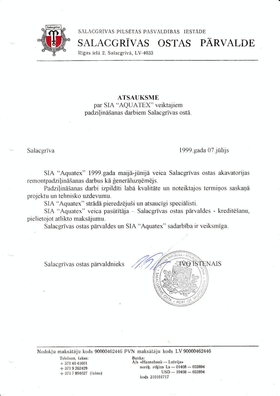 SIA "AQUATEX" klientu atsauksmes 19