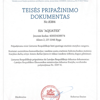 SIA "AQUATEX" Certificates and licences
